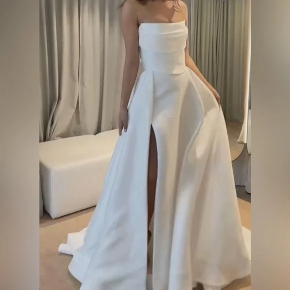 White Modern Wedding Dress Gown Satin Simple A line corset size 4 6 8 10 - Picture 6 of 8